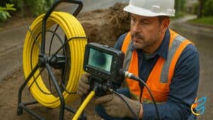 Man inspecting sewer with camera equipment.