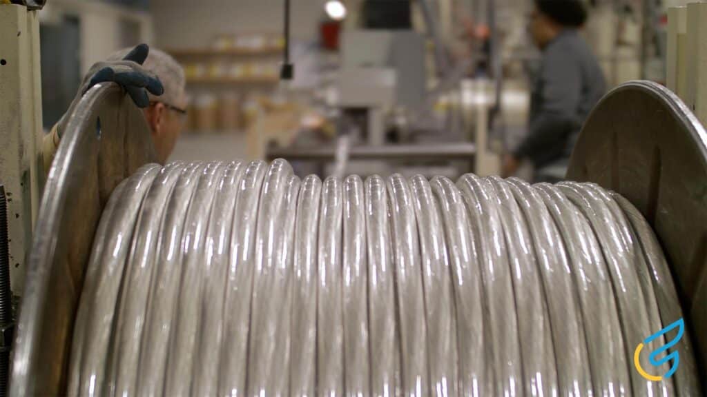 Coiled wire on a spool in factory