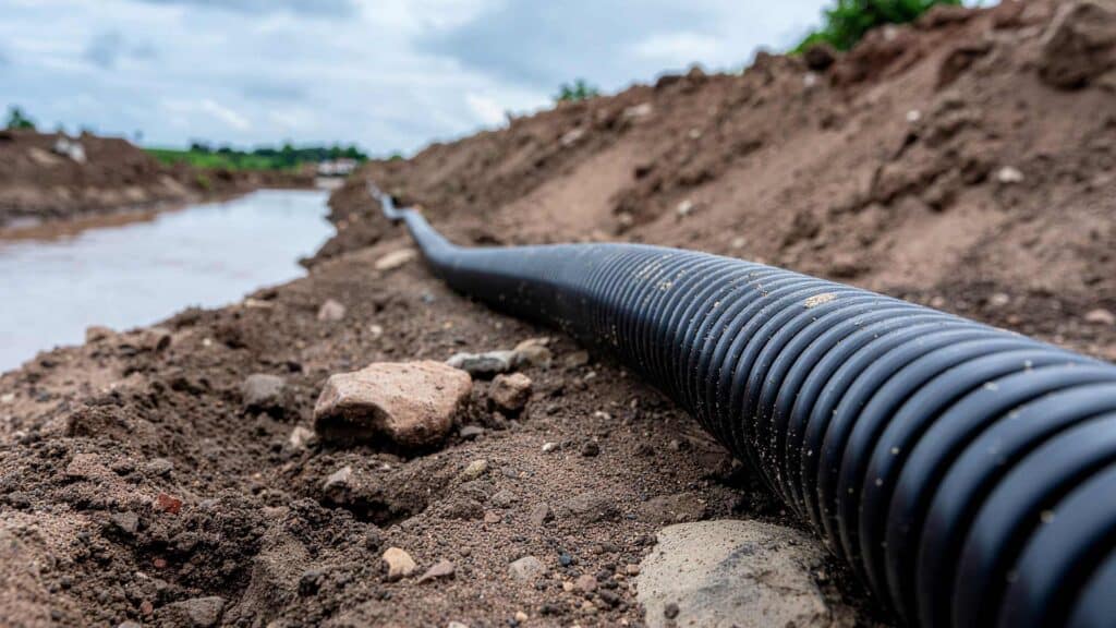 Black pipe along muddy terrain