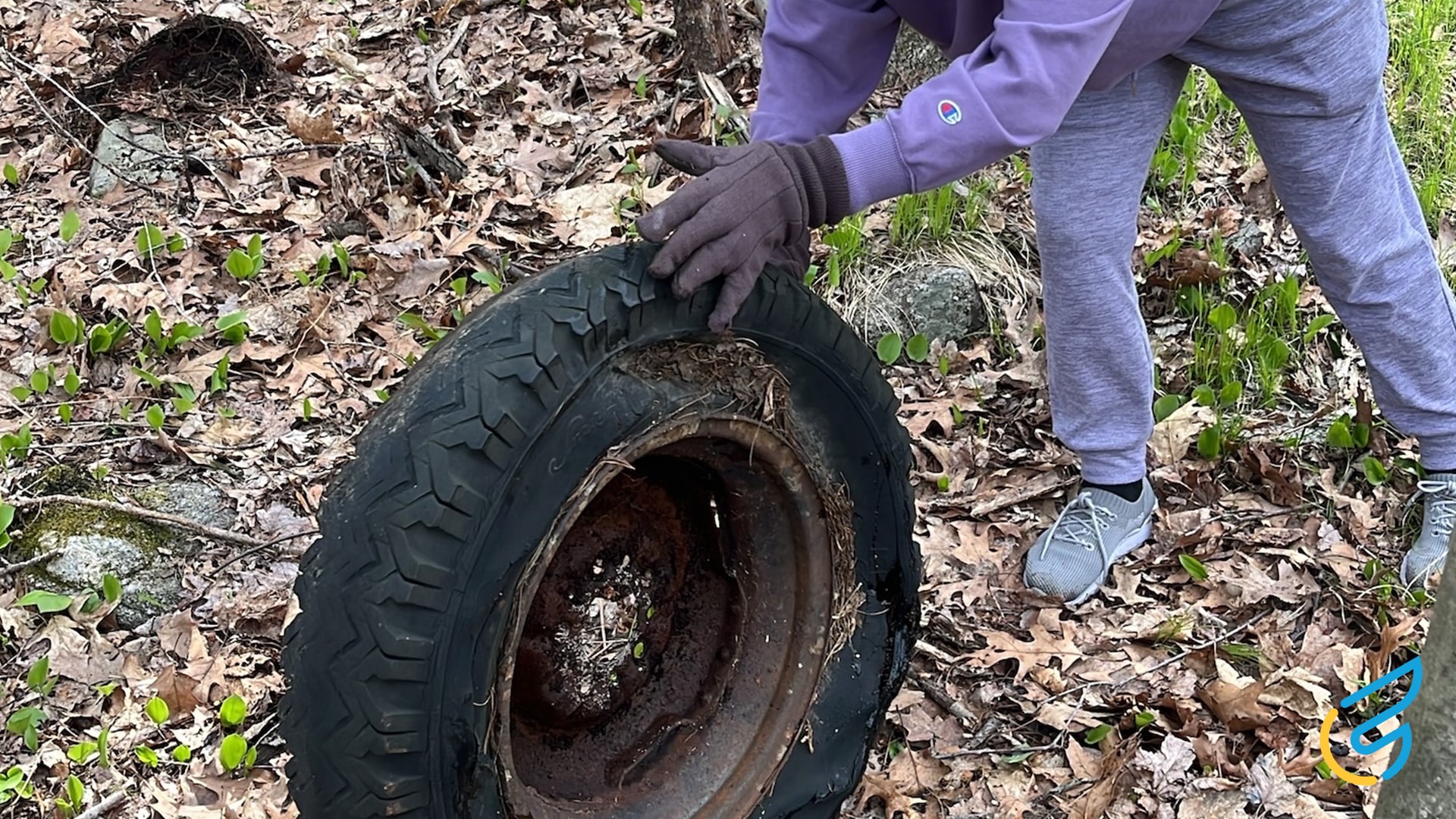 Person lifting a discarded tire
