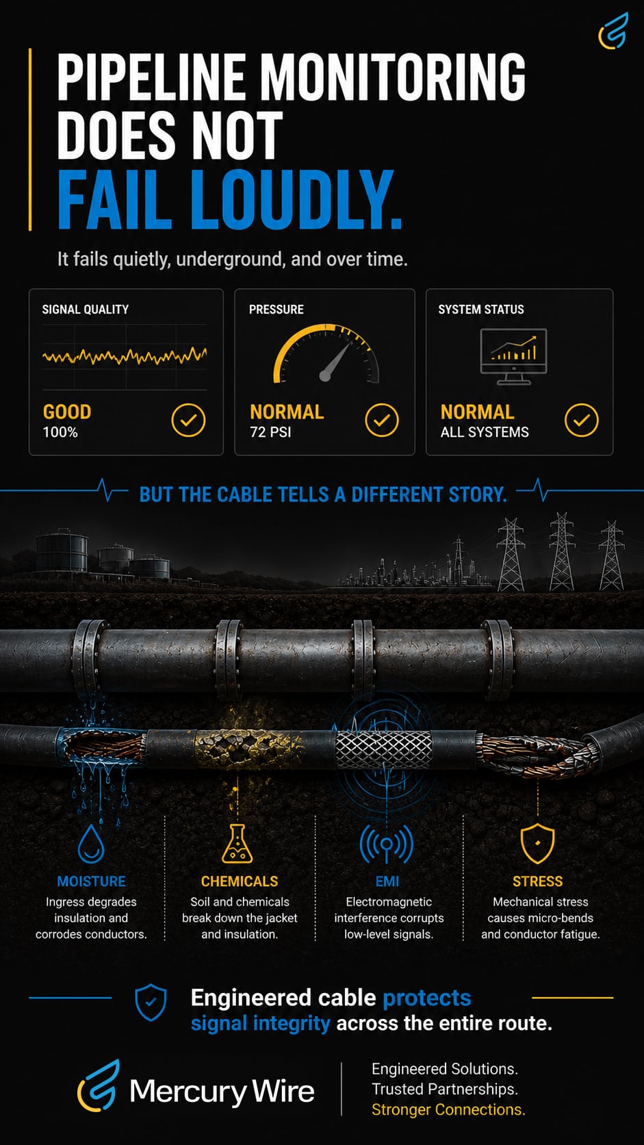 Rugged Cable for Pipeline Monitoring Systems: Engineered for Long Runs, Harsh Terrain, and Decades Underground 1 Cutaway illustration of an underground pipeline monitoring system, with buried cable linking sensors along the route back to a control room.
