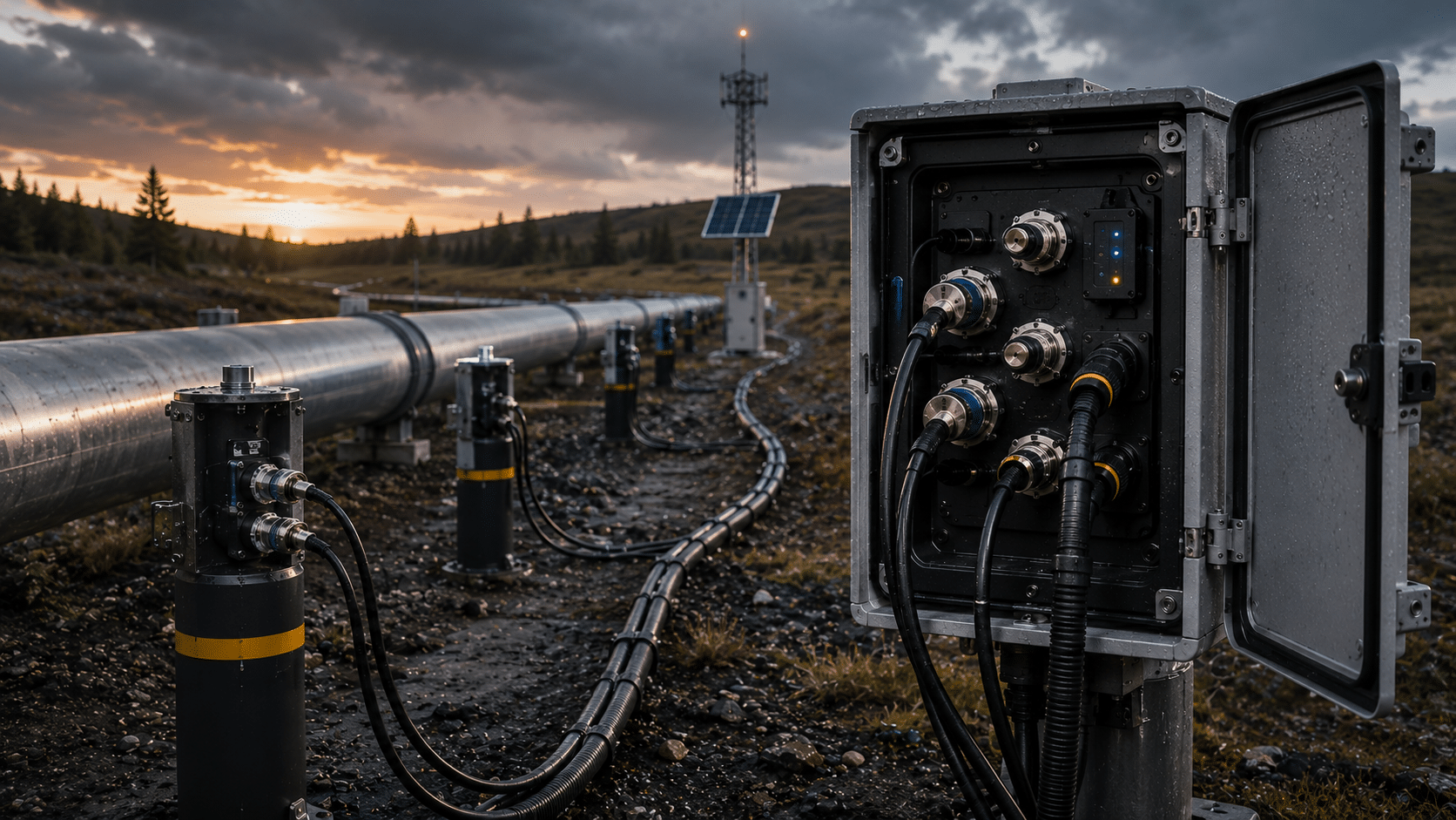 Rugged Cable for Pipeline Monitoring Systems: Engineered for Long Runs, Harsh Terrain, and Decades Underground 3 Weather resistant connector integration system installed at a remote pipeline access point with rugged outdoor cabling, industrial monitoring equipment, and sealed connection enclosures in a harsh environmental setting.