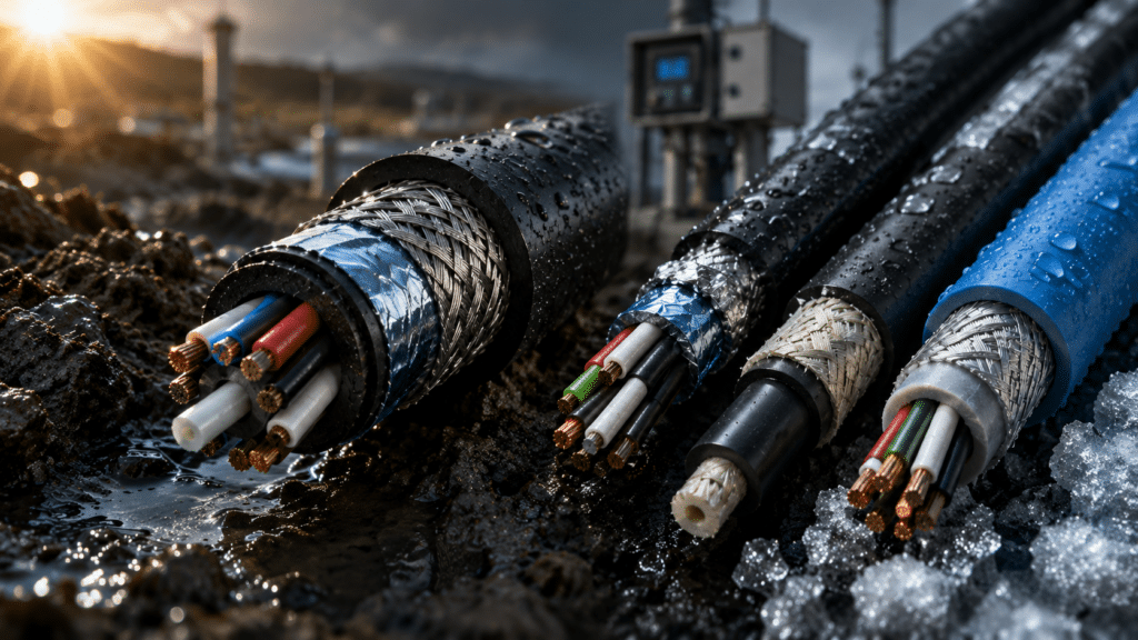 Close-up of engineered environmental monitoring cables with exposed shielding, water blocking layers, and rugged jacket materials in harsh wet and cold outdoor conditions designed for long-term field performance.