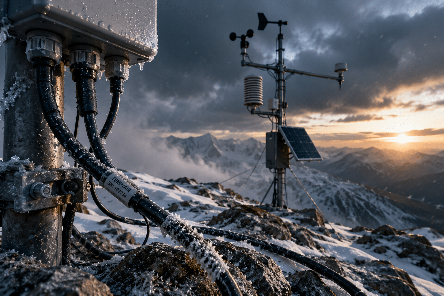 Custom Cable for Remote Weather Stations: Engineered for the Environment, Not the Lab 1 Remote weather station cable installation covered in frost and ice on a high-altitude mountain monitoring site designed to withstand UV exposure, freezing temperatures, moisture, and long-term unattended environmental conditions.