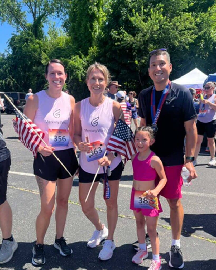 Wire Chasers Return to the Tarentino Strong 5K 4 Runners celebrating with American flags