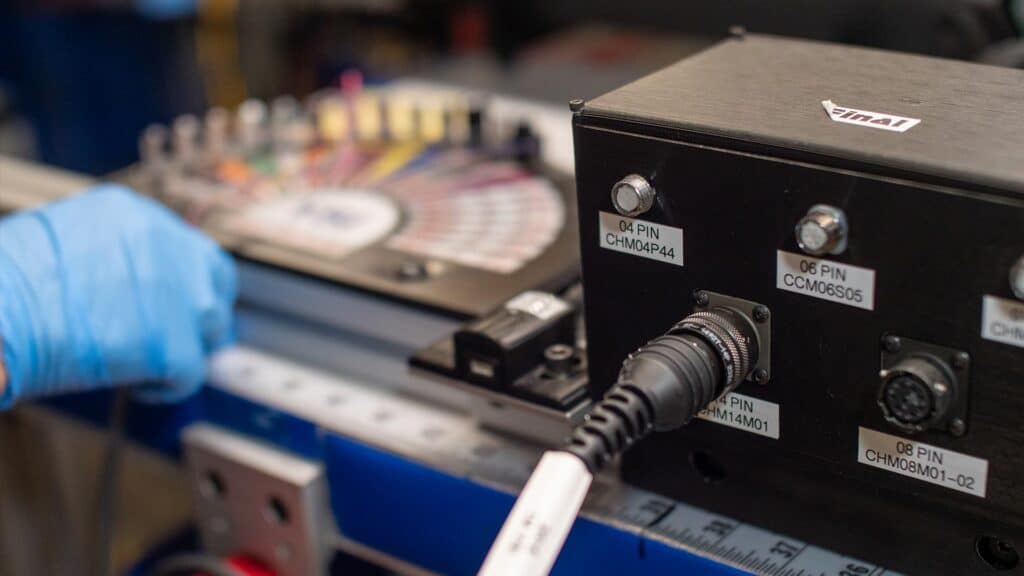 Equipment setup with color-coded connectors.